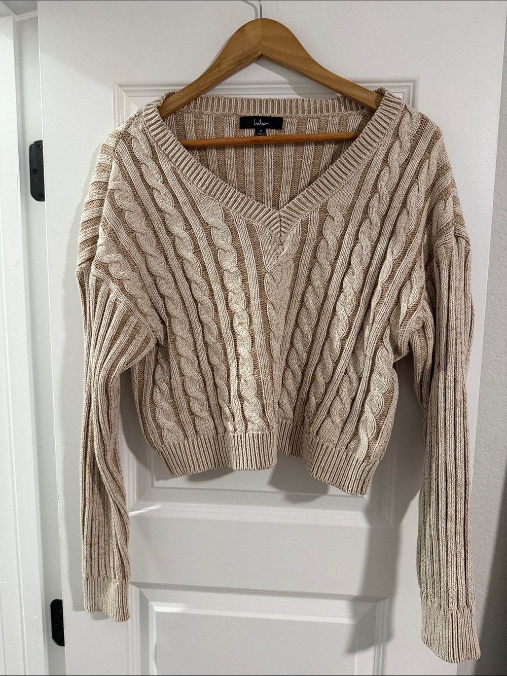 Lulu's Cropped Cream Cable Knit V-Neck Sweater
